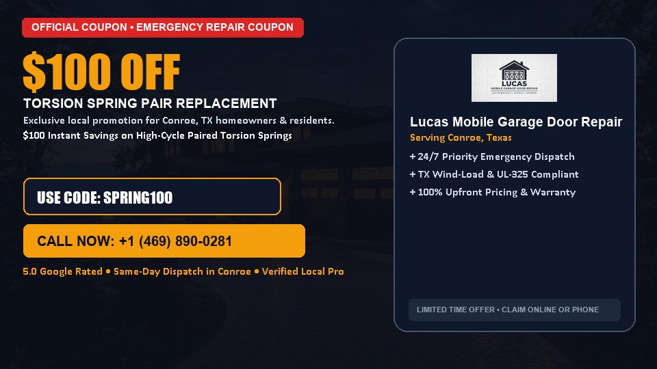$100 OFF Dual High-Cycle Torsion Spring Replacement in Conroe, TX - Lucas Mobile Garage Door Repair