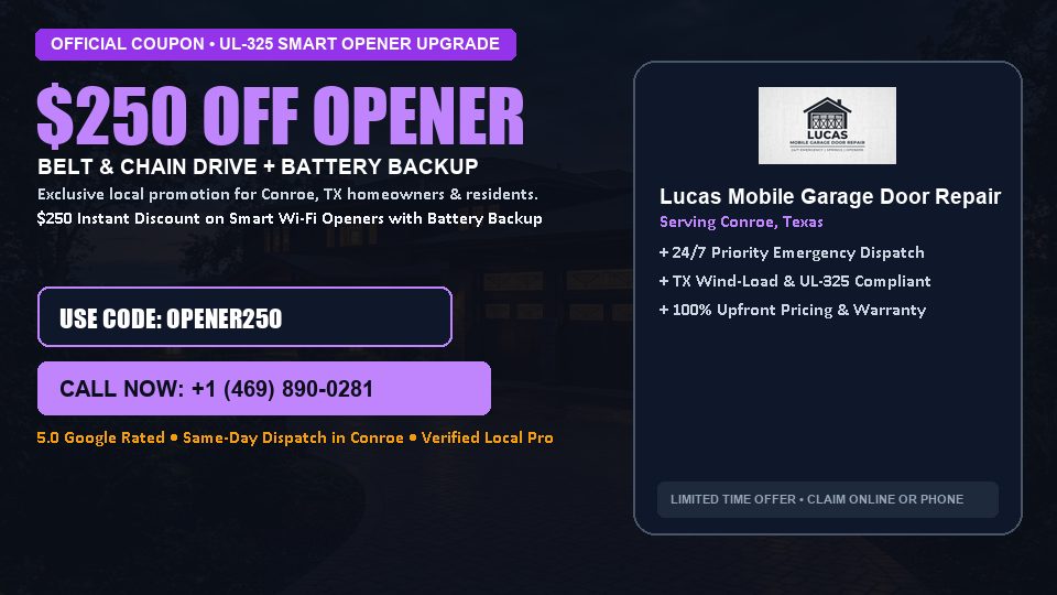 $250 OFF Smart Wi-Fi Garage Door Opener Installation in Conroe, TX - Lucas Mobile Garage Door Repair
